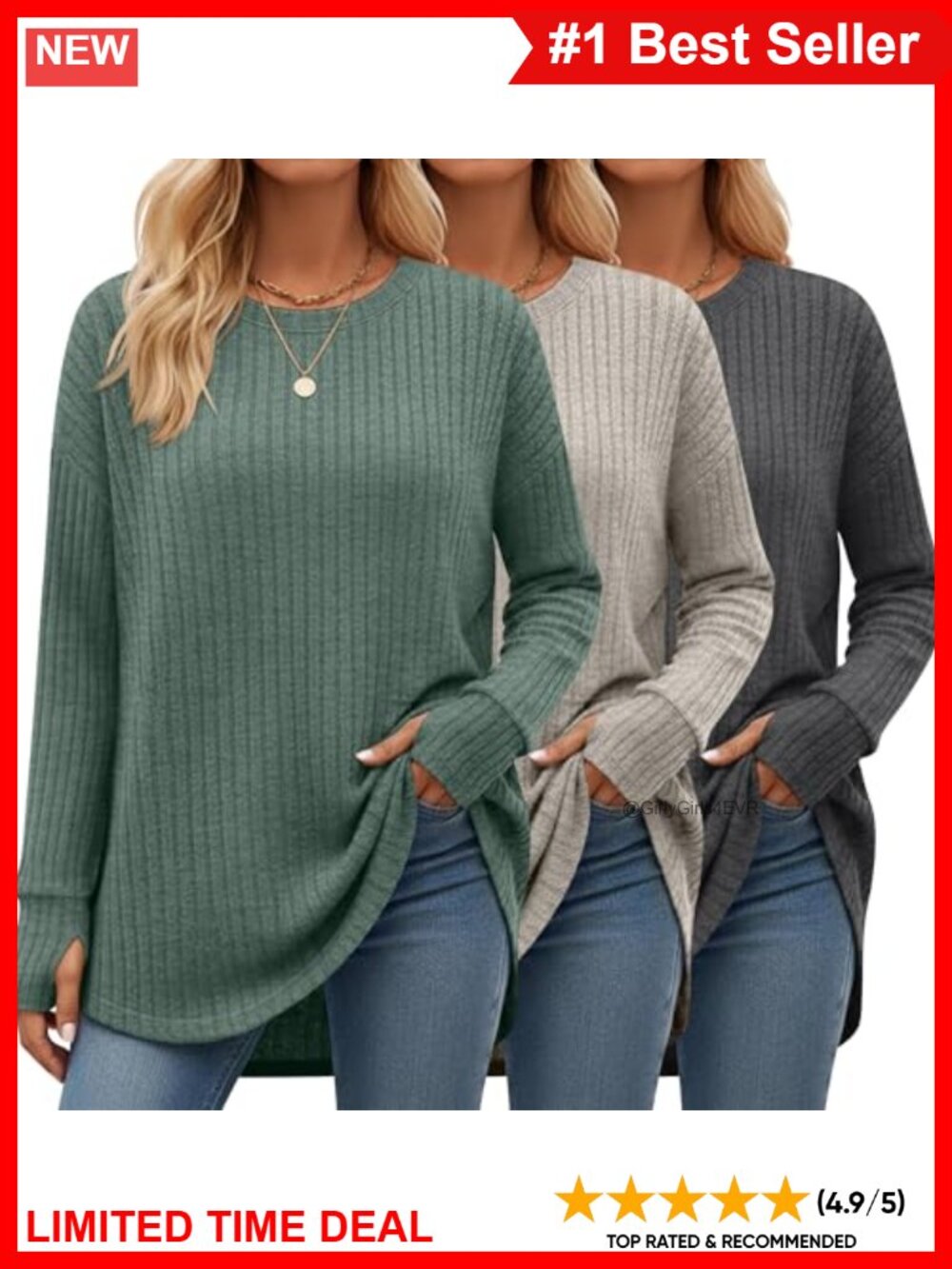 3 Pack Womens Long Sleeve Ribbed Tops Thumb Hole Loose Fit